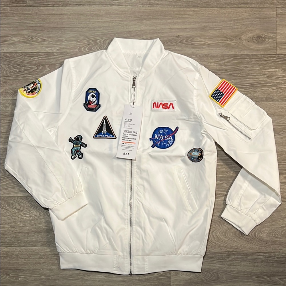 White NASA Patch Bomber Jacket - Men's